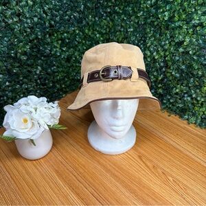Coach Tan Bucket Hat with Brown Leather Trim